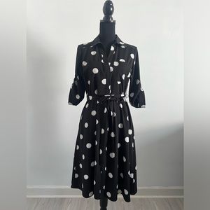 NY & CO Polka Dot Roll Tab Button Midi Dress, Black White, Petite Medium, NEW!